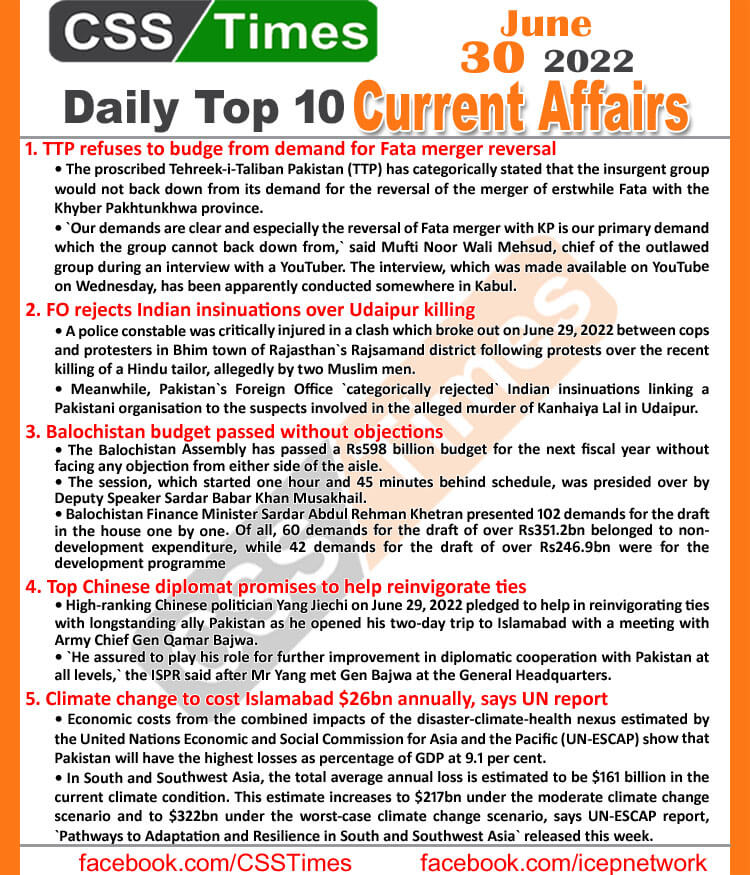Daily Top-10 Current Affairs MCQs / News (June 30, 2022) for CSS, PMS