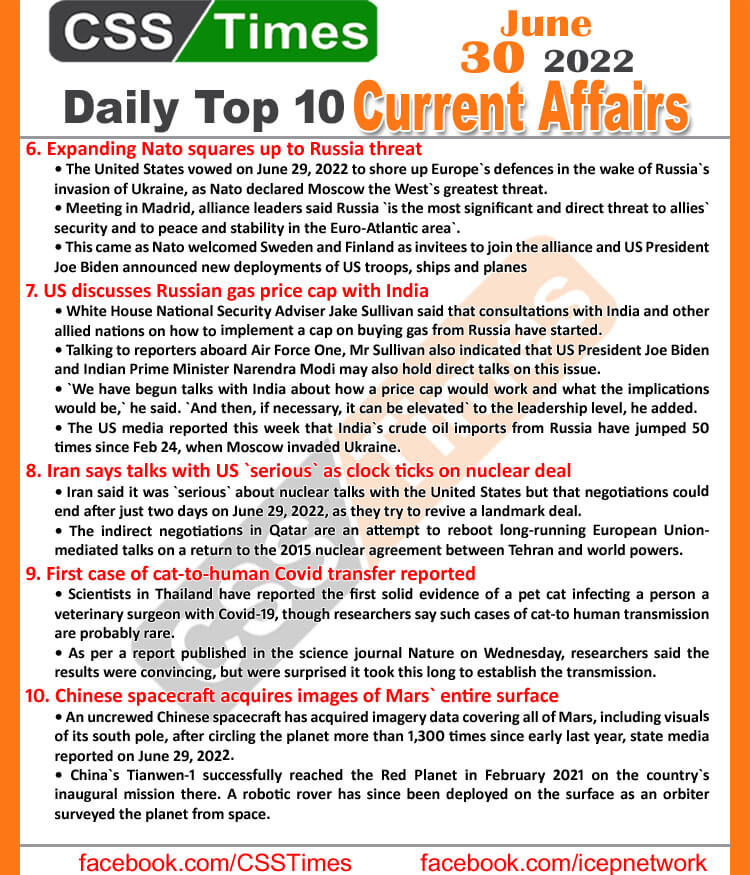 Daily Top-10 Current Affairs MCQs / News (June 30, 2022) for CSS, PMS