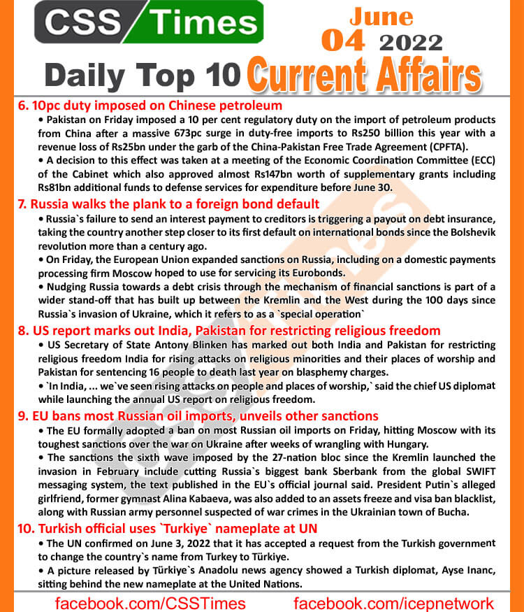 Daily Top-10 Current Affairs MCQs / News (June 04, 2022) for CSS, PMS