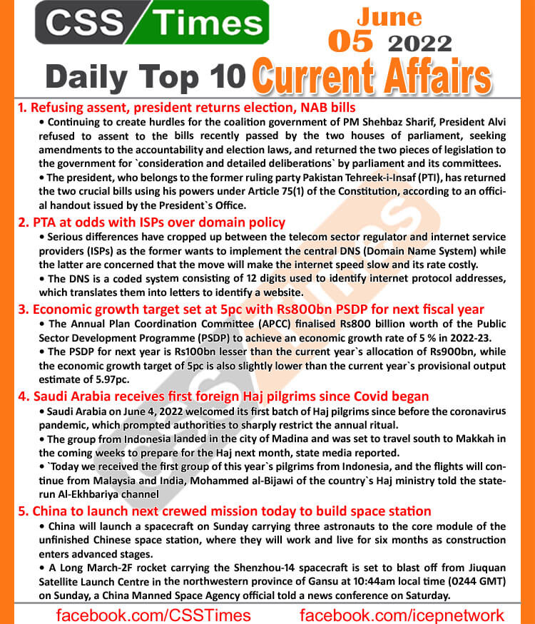 Daily Top-10 Current Affairs MCQs / News (June 05, 2022) for CSS, PMS