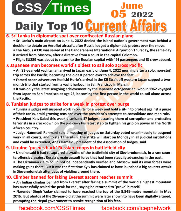 Daily Top-10 Current Affairs MCQs / News (June 05, 2022) for CSS, PMS