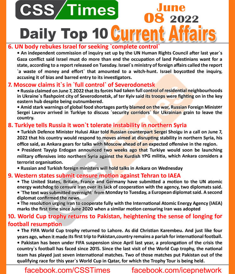 Daily Top-10 Current Affairs MCQs / News (June 08, 2022) for CSS, PMS