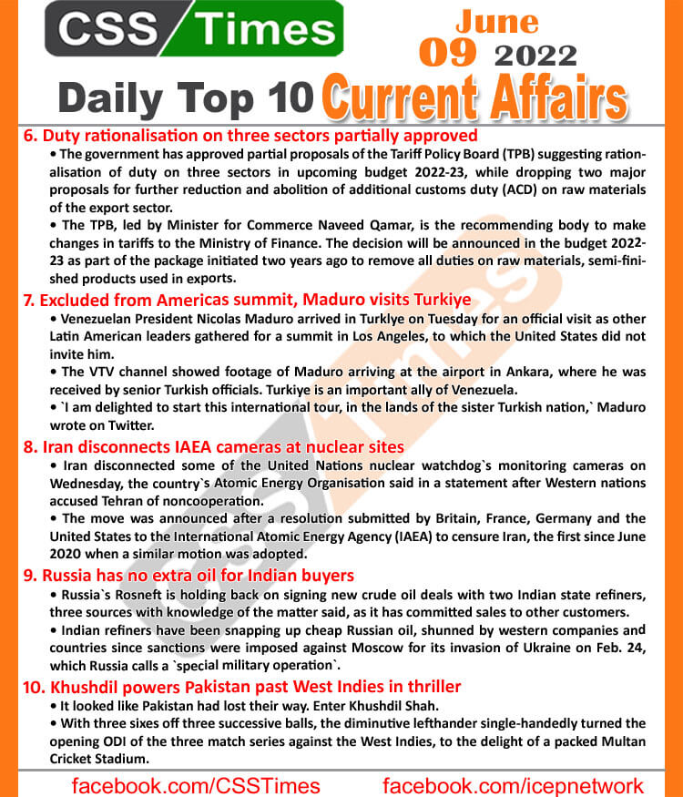 Daily Top-10 Current Affairs MCQs / News (June 09, 2022) for CSS, PMS