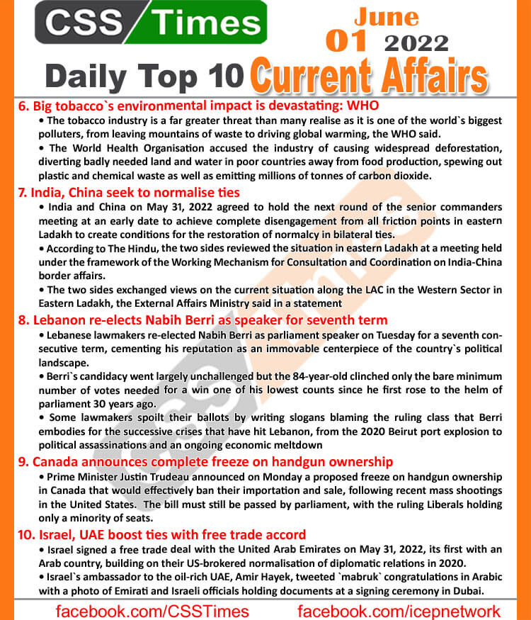 Daily Top-10 Current Affairs MCQs / News (June 01, 2022) for CSS, PMS
