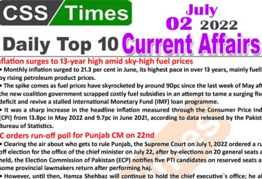 Daily Top-10 Current Affairs MCQs / News (July 02, 2022) for CSS, PMS