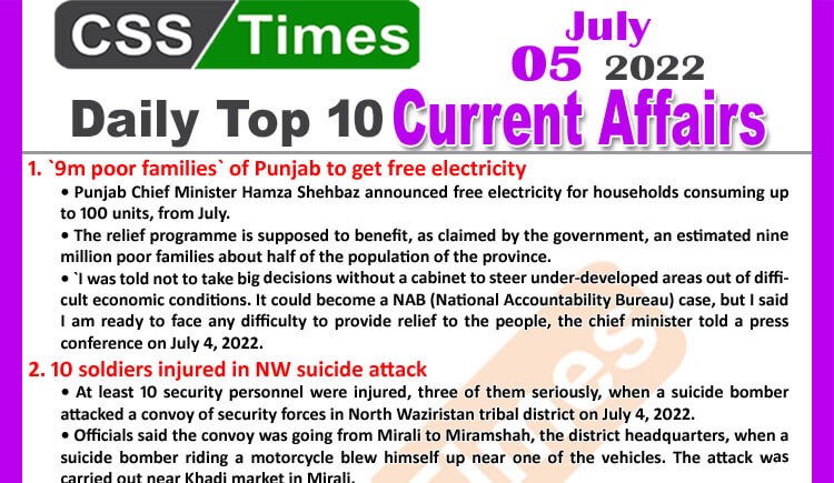 Daily Top-10 Current Affairs MCQs / News (July 05, 2022) for CSS, PMS