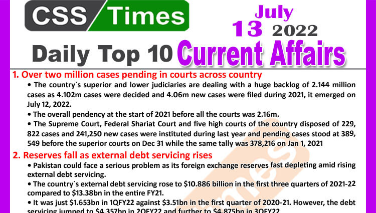 Daily Top-10 Current Affairs MCQs / News (July 13, 2022) for CSS, PMS