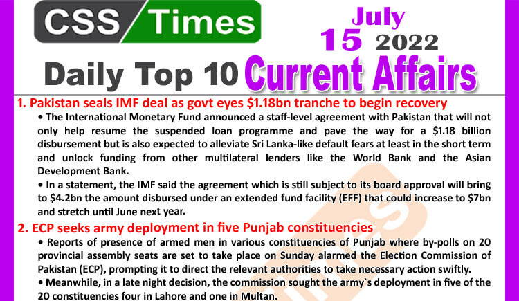 Daily Top-10 Current Affairs MCQs / News (July 15, 2022) for CSS, PMS