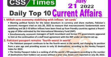 Daily Top-10 Current Affairs MCQs / News (July 21, 2022) for CSS, PMS