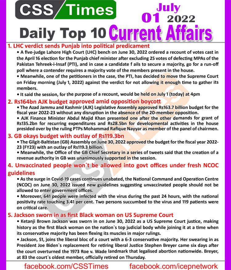 Daily Top-10 Current Affairs MCQs / News (July 01, 2022) for CSS, PMS