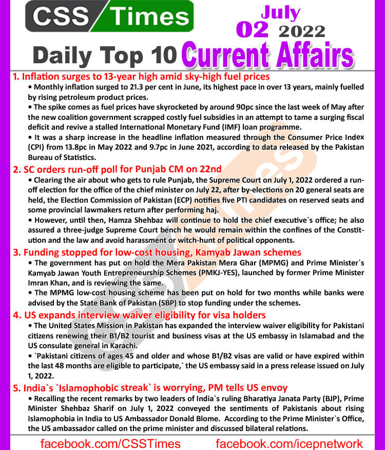 Daily Top-10 Current Affairs MCQs / News (July 02, 2022) for CSS, PMS