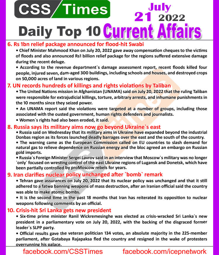 Daily Top-10 Current Affairs MCQs / News (July 21, 2022) for CSS, PMS