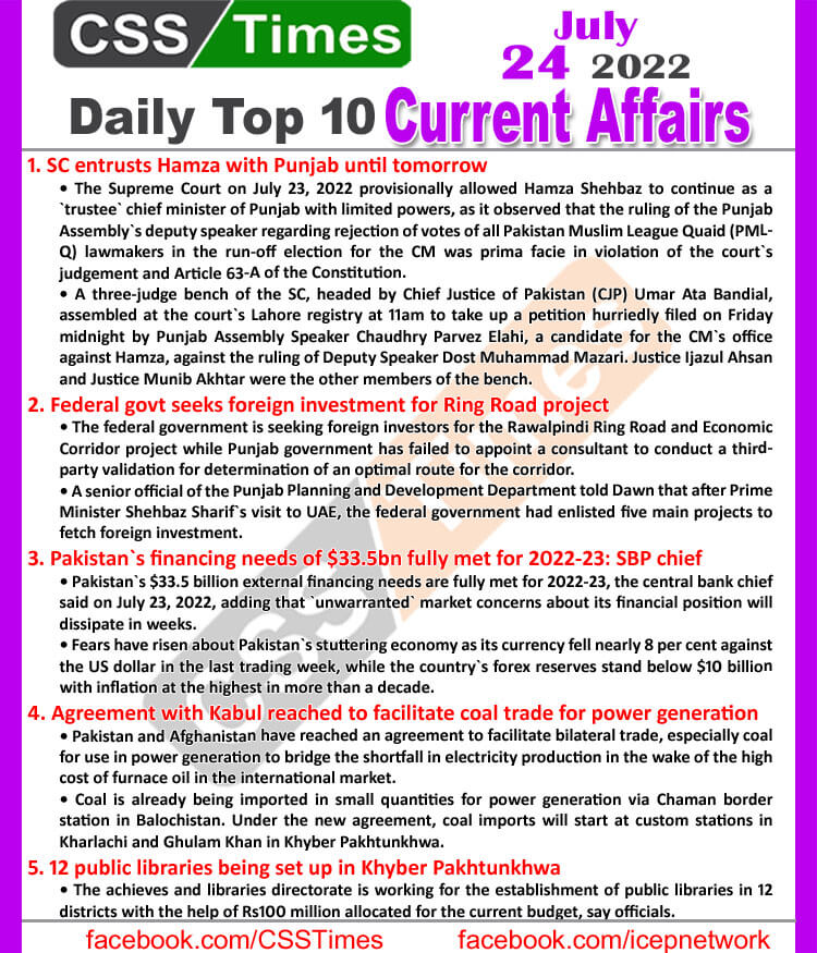 Daily Top-10 Current Affairs MCQs / News (July 24, 2022) for CSS, PMS
