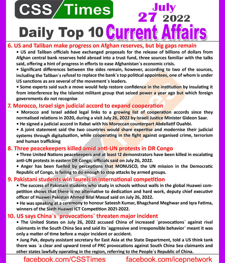 Daily Top-10 Current Affairs MCQs / News (July 27, 2022) for CSS, PMS