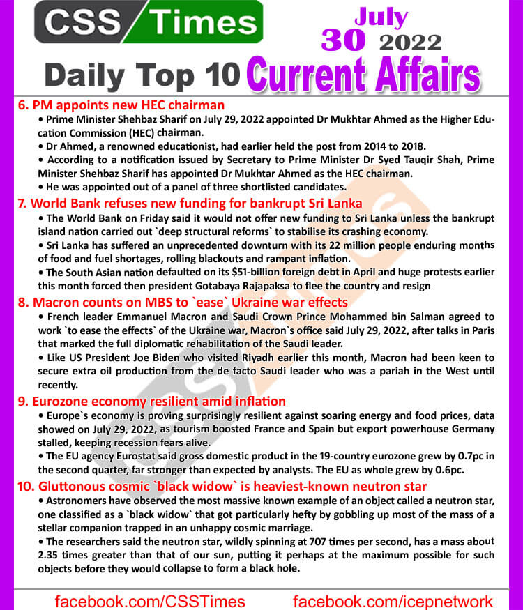 Daily Top-10 Current Affairs MCQs / News (July 30, 2022) for CSS, PMS