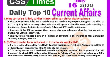 Daily Top-10 Current Affairs MCQs / News (July 16, 2022) for CSS, PMS