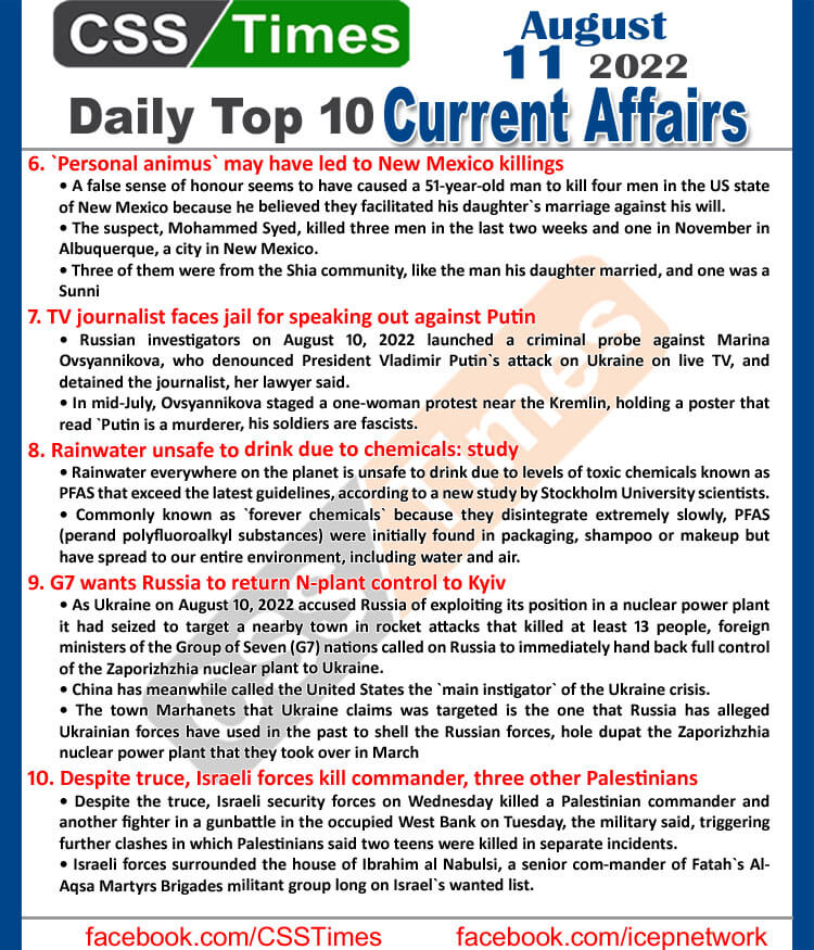 Daily Top-10 Current Affairs MCQs / News (August 11, 2022) for CSS, PMS