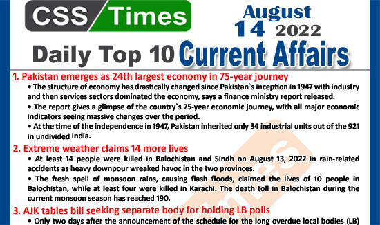 Daily Top-10 Current Affairs MCQs / News (August 14, 2022) for CSS, PMS
