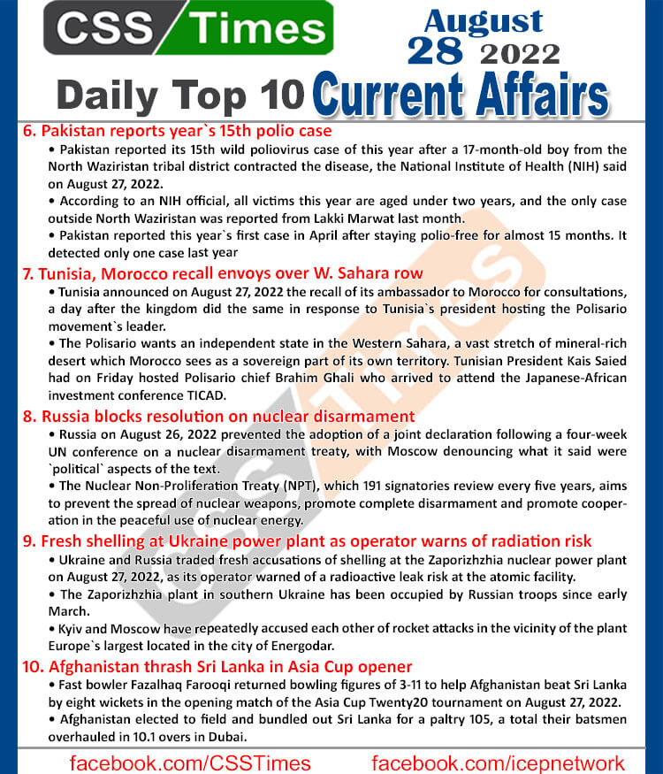 Daily Top-10 Current Affairs MCQs / News (August 28, 2022) for CSS, PMS