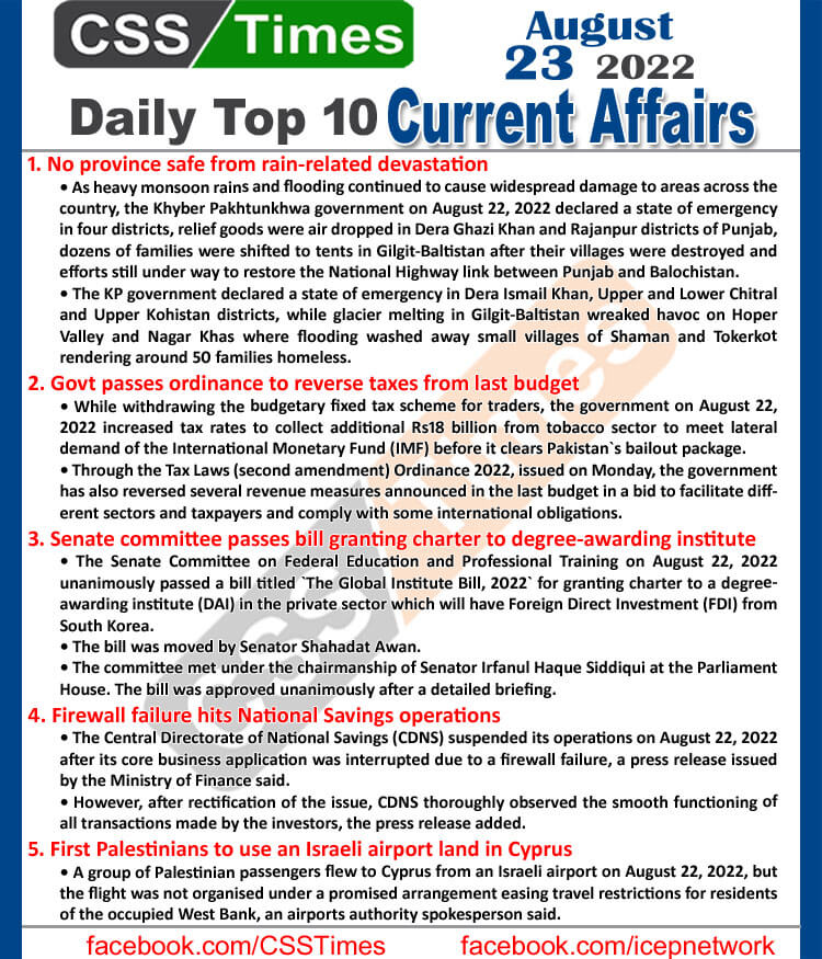 Daily Top-10 Current Affairs MCQs / News (August 23, 2022) for CSS, PMS