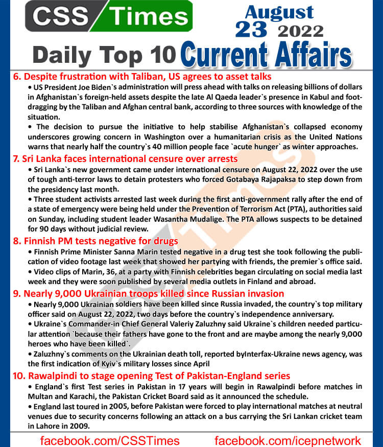 Daily Top-10 Current Affairs MCQs / News (August 23, 2022) for CSS, PMS