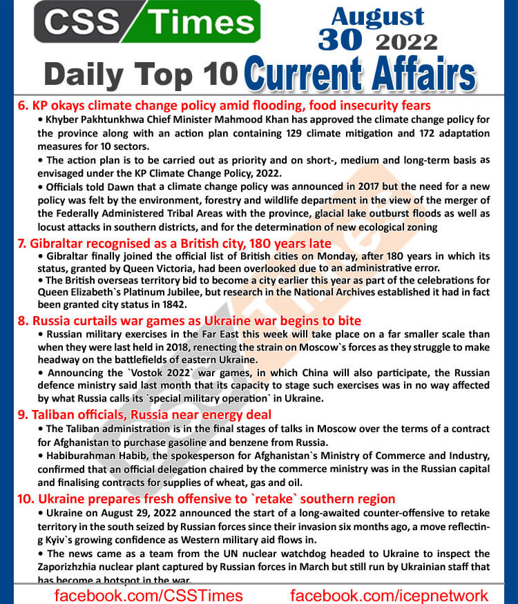 Daily Top-10 Current Affairs MCQs / News (August 30, 2022) for CSS, PMS