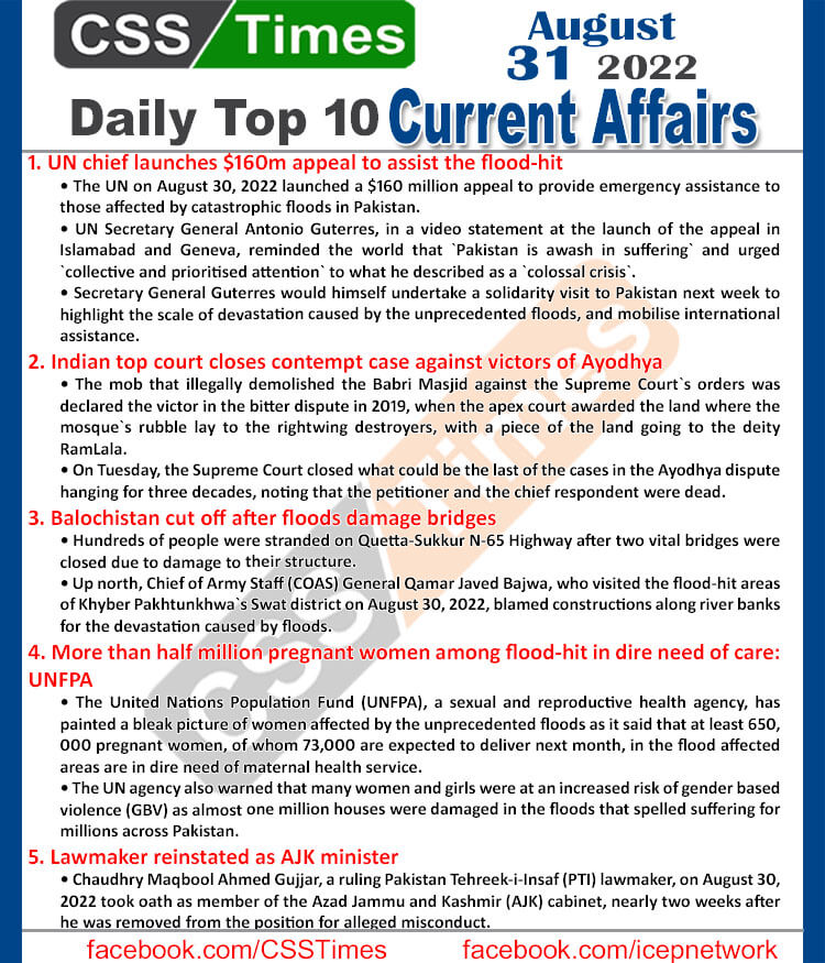Daily Top-10 Current Affairs MCQs / News (August 31, 2022) for CSS, PMS