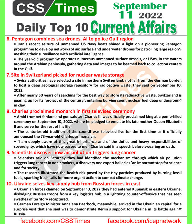 Daily Top-10 Current Affairs MCQs / News (September 11, 2022) for CSS, PMS