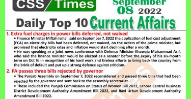 Daily Top-10 Current Affairs MCQs / News (September 07, 2022) for CSS, PMS