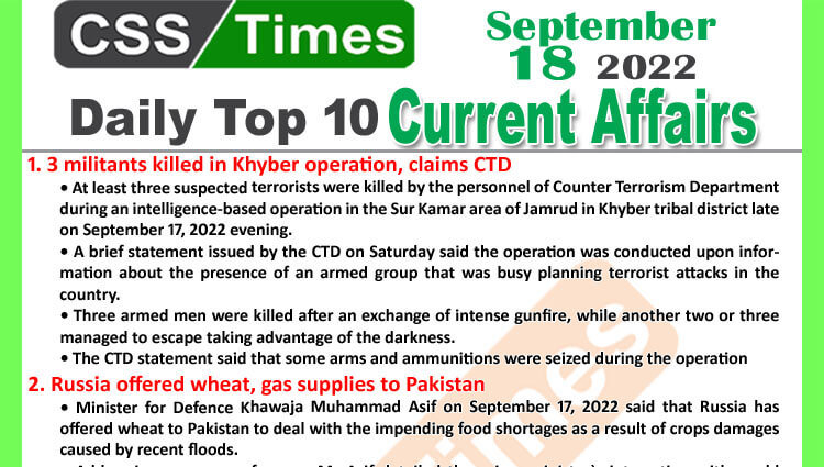 Daily Top-10 Current Affairs MCQs / News (September 18, 2022) for CSS, PMS