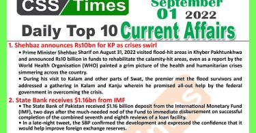 Daily Top-10 Current Affairs MCQs / News (September 01, 2022) for CSS, PMS