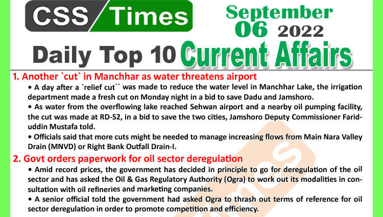 Daily Top-10 Current Affairs MCQs / News (September 06, 2022) for CSS, PMS