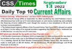 Daily Top-10 Current Affairs MCQs / News (September 13, 2022) for CSS, PMS
