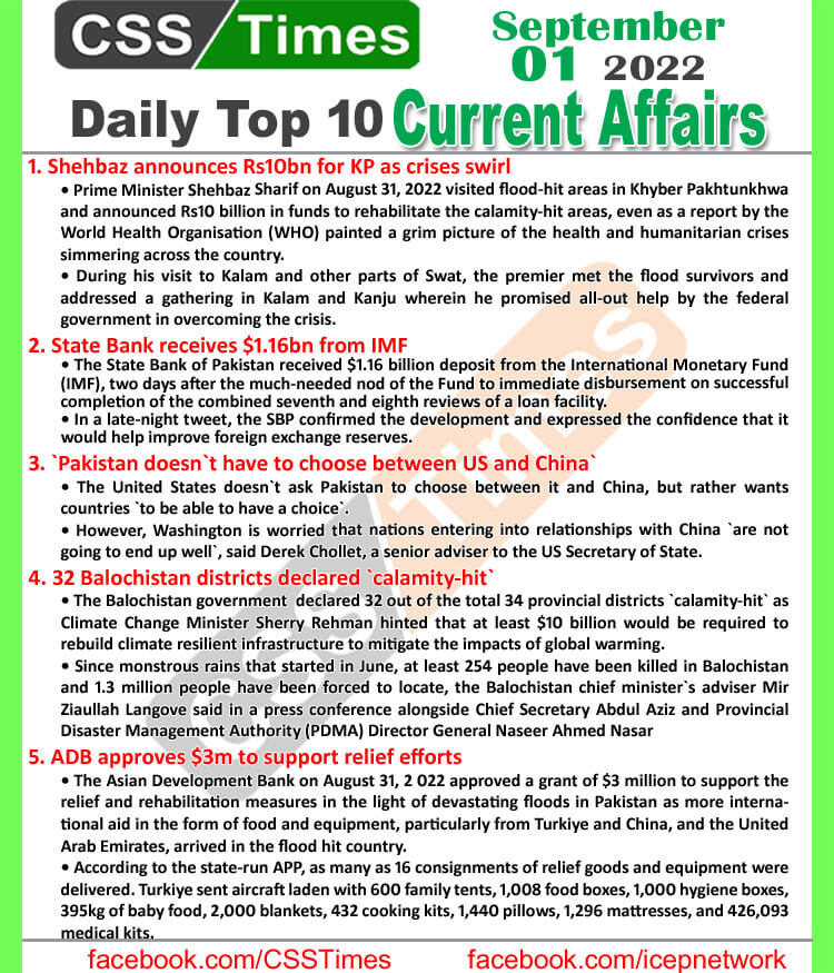 Daily Top-10 Current Affairs MCQs / News (September 01, 2022) for CSS, PMS