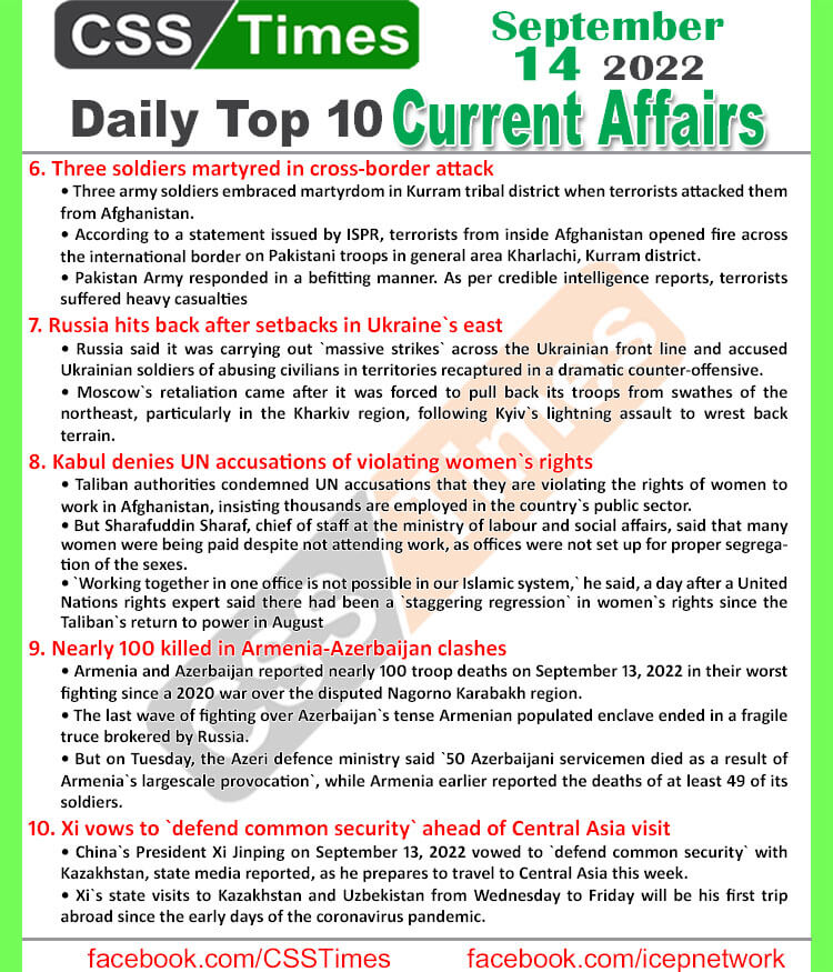 Daily Top-10 Current Affairs MCQs / News (September 14, 2022) for CSS, PMS