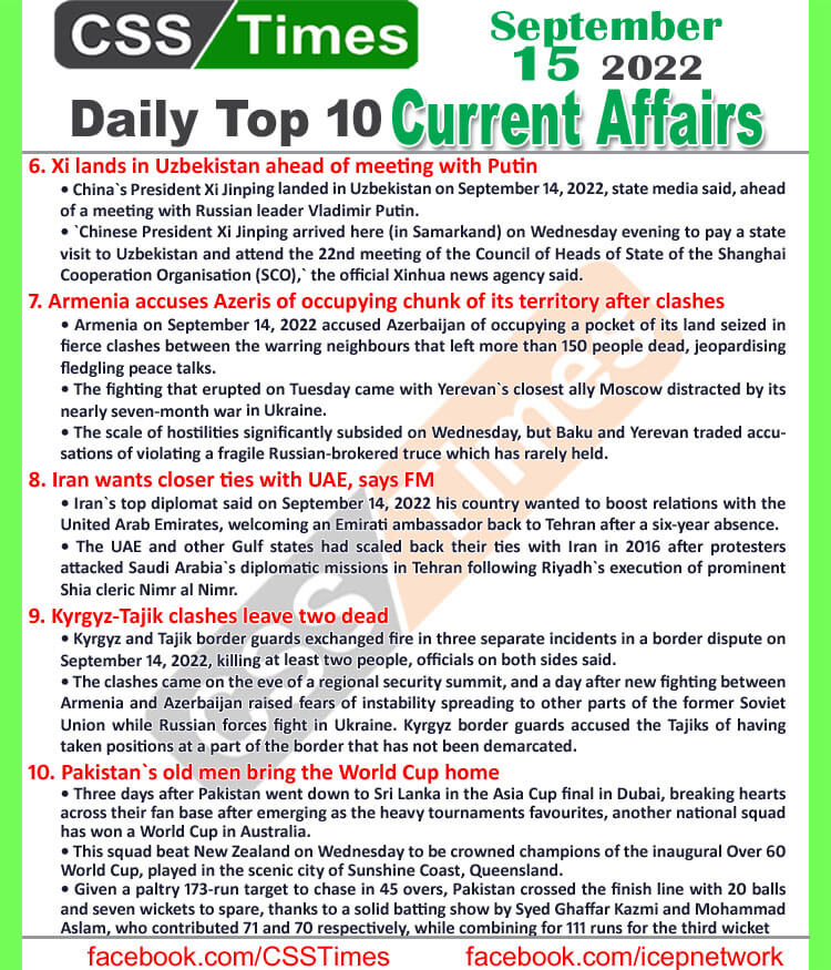 Daily Top-10 Current Affairs MCQs / News (September 15, 2022) for CSS, PMS