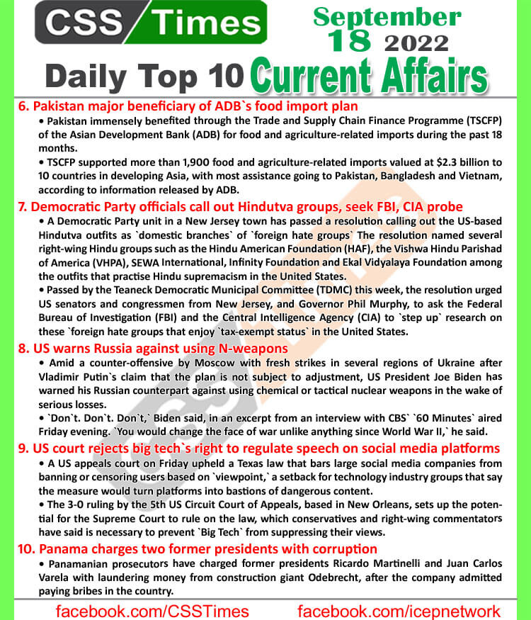 Daily Top-10 Current Affairs MCQs / News (September 18, 2022) for CSS, PMS