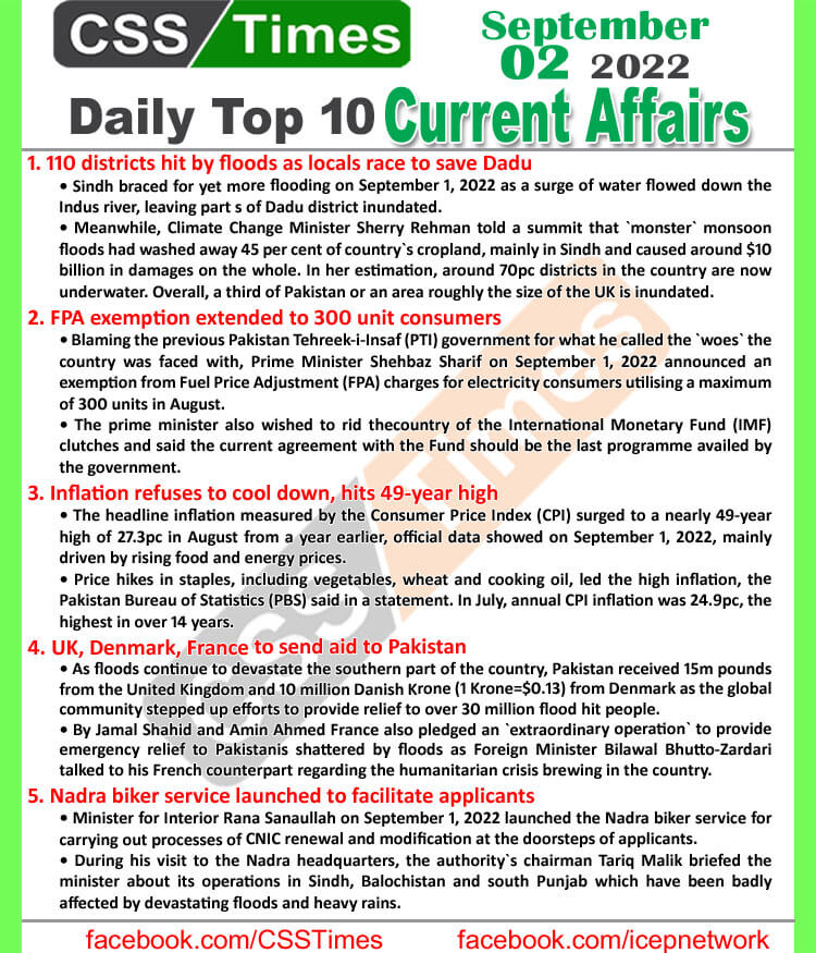 Daily Top-10 Current Affairs MCQs / News (September 02, 2022) for CSS, PMS