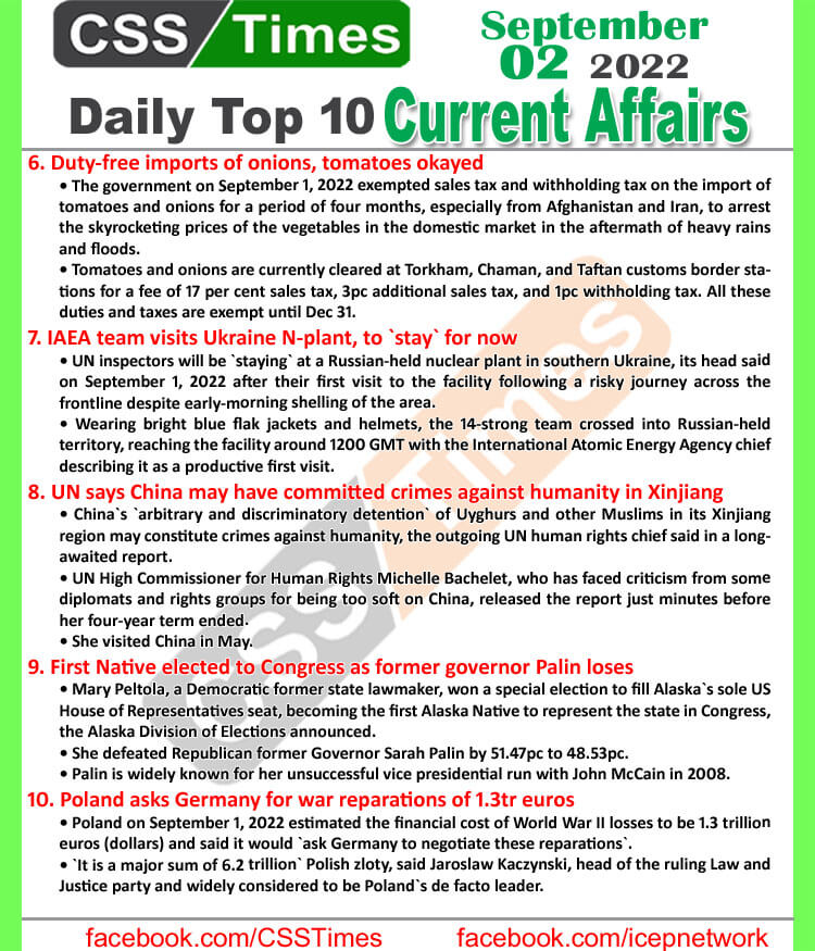Daily Top-10 Current Affairs MCQs / News (September 02, 2022) for CSS, PMS