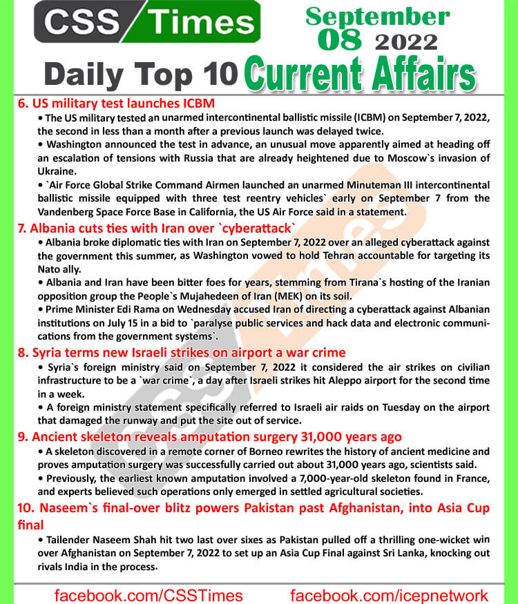 Daily Top-10 Current Affairs MCQs / News (September 07, 2022) for CSS, PMS