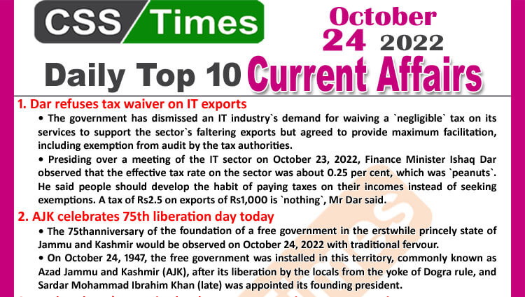 Daily Top-10 Current Affairs MCQs / News (October 24, 2022) for CSS, PMS