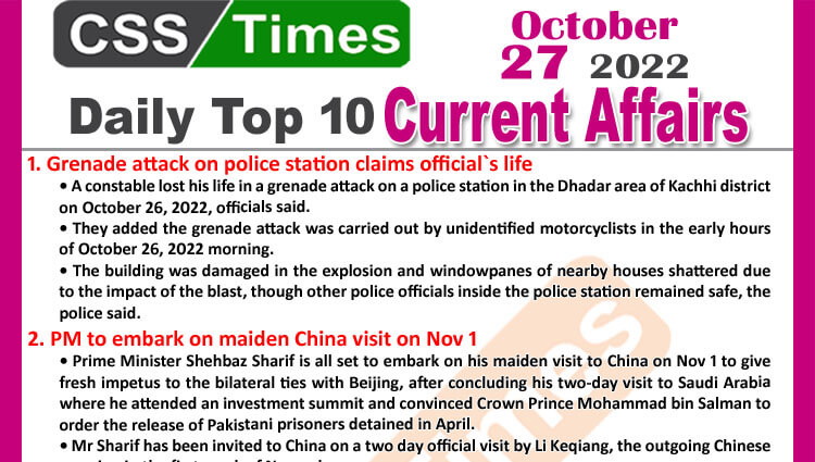 Daily Top-10 Current Affairs MCQs / News (October 27, 2022) for CSS, PMS