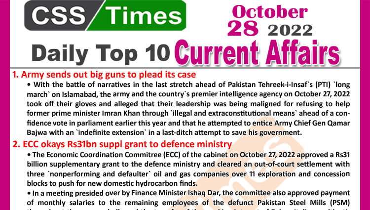 Daily Top-10 Current Affairs MCQs / News (October 28, 2022) for CSS, PMS