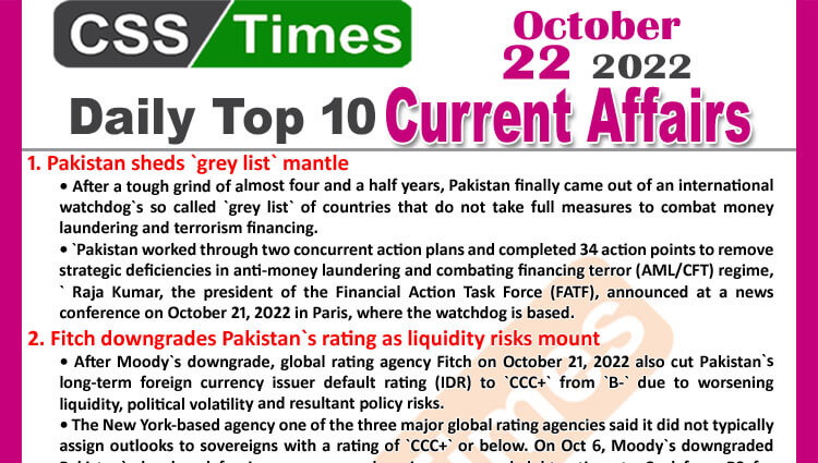 Daily Top-10 Current Affairs MCQs / News (October 22, 2022) for CSS, PMS