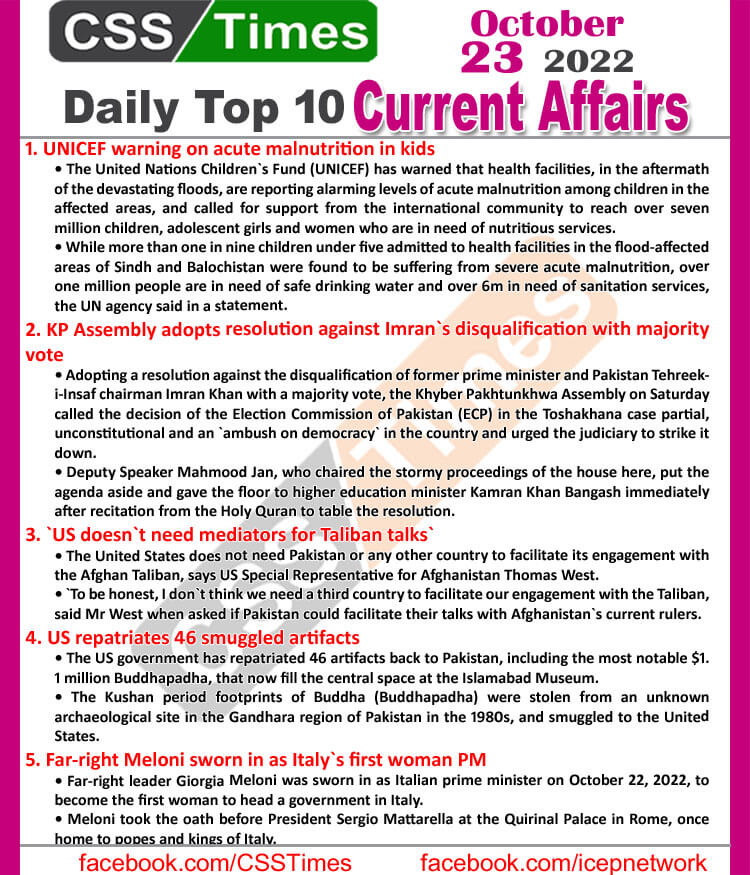 Daily Top-10 Current Affairs MCQs / News (October 23, 2022) for CSS, PMS