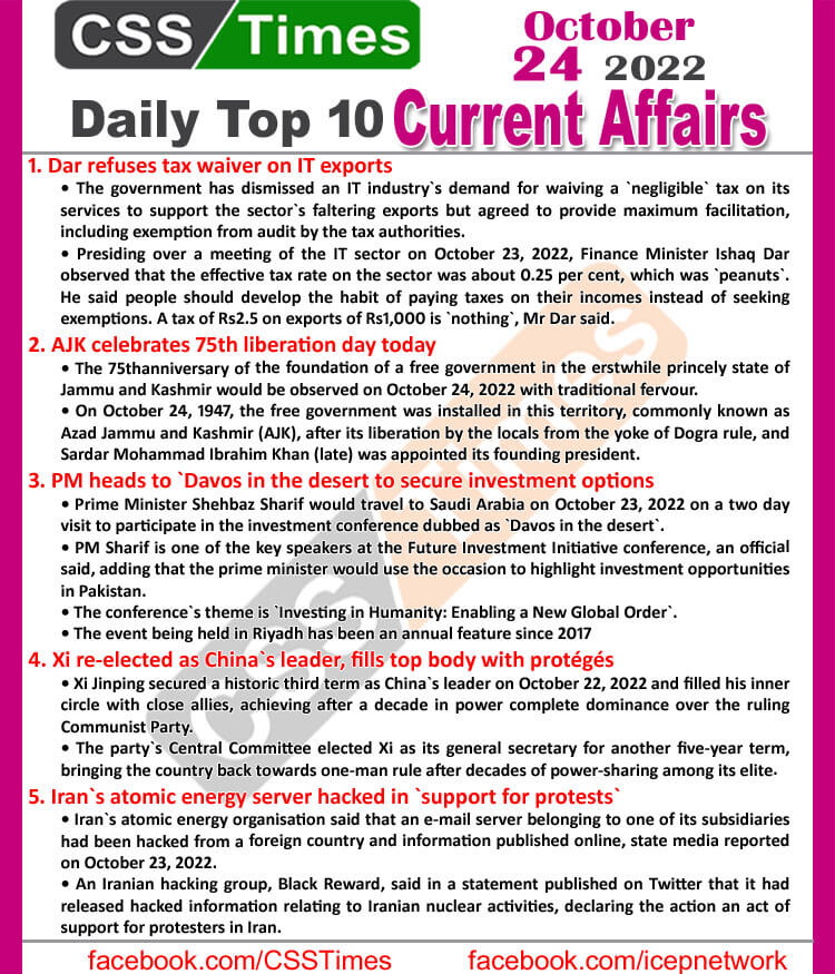 Daily Top-10 Current Affairs MCQs / News (October 24, 2022) for CSS, PMS