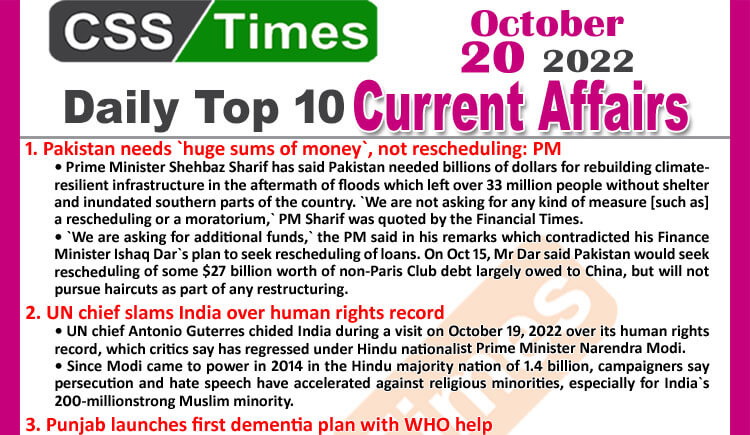 Daily Top-10 Current Affairs MCQs / News (October 04, 2022) for CSS, PMS