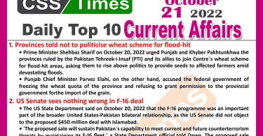 Daily Top-10 Current Affairs MCQs / News (October 21, 2022) for CSS, PMS