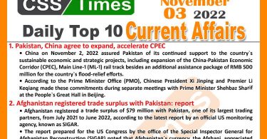 Daily Top-10 Current Affairs MCQs / News (November 03, 2022) for CSS, PMS