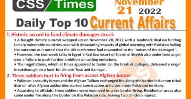 Daily Top-10 Current Affairs MCQs/News (Nov 21 2022) for CSS